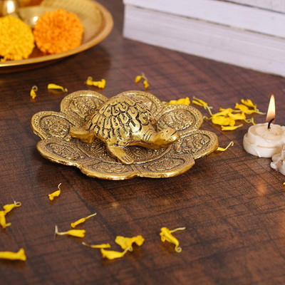 Collectible India Metal Feng Shui Tortoise On Plate Showpiece - Gold Tortoise for Good Luck Money Decorative Showpiece - 3 cm(Aluminium, Gold)