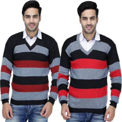 Blushh Collection Striped V Neck Casual Men Red Sweater
