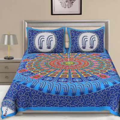Rangun 120 TC Cotton Double Self Design Flat Bedsheet(Pack of 1, Blue)