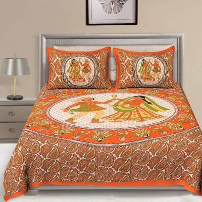 Rangun 120 TC Cotton Double Printed Flat Bedsheet(Pack of 1, Orange)