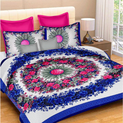 UNIQCHOICE 104 TC Cotton Double Printed Flat Bedsheet(Pack of 1, Blue)