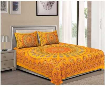 UNIQCHOICE 104 TC Cotton Double Geometric Flat Bedsheet(Pack of 1, Yellow)