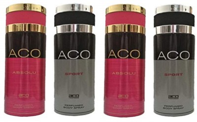 aco 2 Absolu and 2 Sport Perfumed Body Spray 200ML Each (Pack of 4) Body Spray  -  For Men & Women(800 ml, Pack of 4)