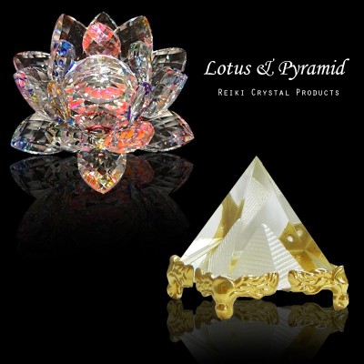 REIKI CRYSTAL PRODUCTS Feng Shui Glass Pyramid & Crystal Lotus For Positive Energy Decorative Showpiece  -  4 cm(Glass, White, Gold)