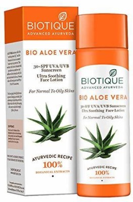 BIOTIQUE Sunscreen - SPF 3 PA+++ bio aloe vera 30+ spf uva ultra soothing face lotion 120ml(120 g)