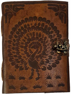 DI-KRAFT Leather Handmade Peacock Embossed Printed C-Lock Diary Dark Brown 7x5 Inches A5 Diary Unruled 200 Pages(Brown)