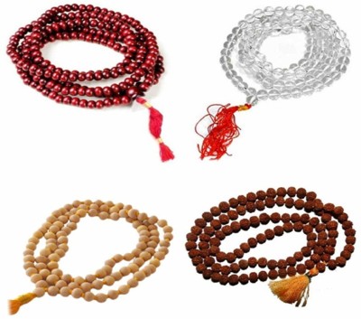 Bansiwal Combo of Sandalwood Pooja Jap Malas with Rudraksha / Chandan Scented / Sphatik (Red) -Set of 4 Fabric Necklace