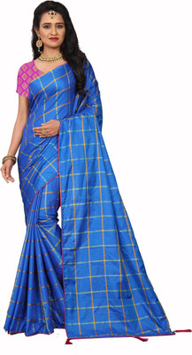 prabhas Checkered Kanjivaram Cotton Silk Saree(Blue)