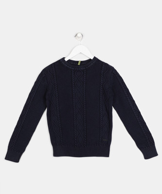 GINI & JONY Self Design Round Neck Casual Girls Dark Blue Sweater
