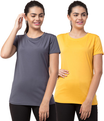 Bluecon Solid Women Round Neck Grey, Yellow T-Shirt