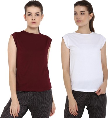 Ap'pulse Solid Women Round Neck White, Maroon T-Shirt