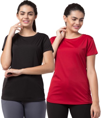 Bluecon Solid Women Round Neck Red, Black T-Shirt