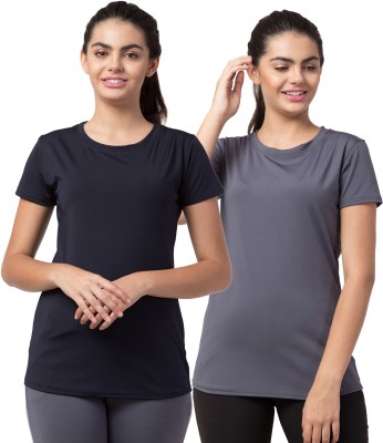 Bluecon Solid Women Round Neck Black, Grey T-Shirt