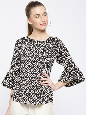 Cottinfab Casual Bell Sleeve Printed Women White, Black Top