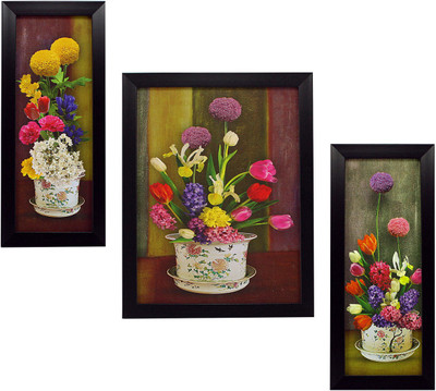 Indianara 3 PC SET OF FLORAL PAINTING (1141) WITHOUT GLASS Digital Reprint 13 inch x 6 inch Painting(With Frame, Pack of 3)
