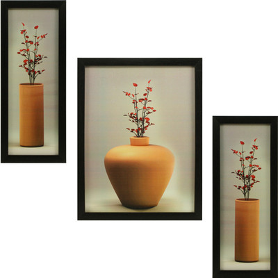 Indianara 3 PC SET OF FLORAL PAINTINGS WITHOUT GLASS (1055) 5.2 X 12.5, 9.5 X 12.5, 5.2 X 12.5 INCH Digital Reprint 12.5 inch x 9.8 inch Painting(With Frame, Pack of 3)