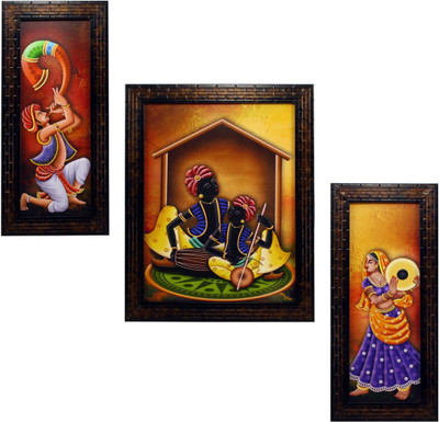 Indianara 3 PC SET OF RADHA KRISHNA PAINTINGS WITHOUT GLASS (1084) 5.2 X 12.5, 9.5 X 12.5, 5.2 X 12.5 INCH Digital Reprint 12.5 inch x 9.8 inch Painting(With Frame, Pack of 3)