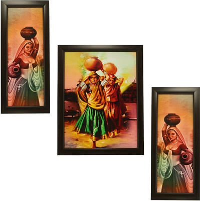 Indianara 3 PC SET OF MODERN ART PAINTING (1156) WITHOUT GLASS Digital Reprint 13 inch x 6 inch Painting(With Frame, Pack of 3)