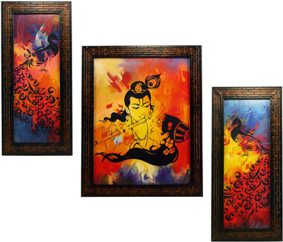 Indianara 3 PC SET OF RADHA KRISHNA PAINTINGS WITHOUT GLASS (1122) 5.2 X 12.5, 9.5 X 12.5, 5.2 X 12.5 INCH Digital Reprint 12.5 inch x 9.8 inch Painting(With Frame, Pack of 3)