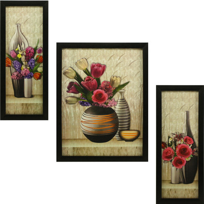 Indianara 3 PC SET OF FLORAL PAINTINGS WITHOUT GLASS (1056) 5.2 X 12.5, 9.5 X 12.5, 5.2 X 12.5 INCH Digital Reprint 12.5 inch x 9.8 inch Painting(With Frame, Pack of 3)