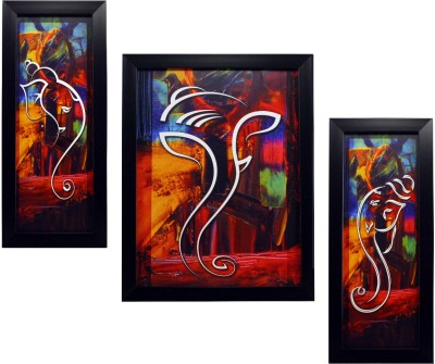 Indianara 3 PC SET OF LORD GANESHA PAINTINGS WITHOUT GLASS (1088) 5.2 X 12.5, 9.5 X 12.5, 5.2 X 12.5 INCH Digital Reprint 12.5 inch x 9.8 inch Painting(With Frame, Pack of 3)