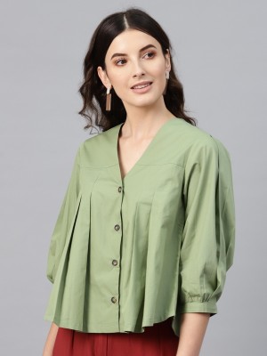 SASSAFRAS Casual Regular Sleeve Solid Women Green Top