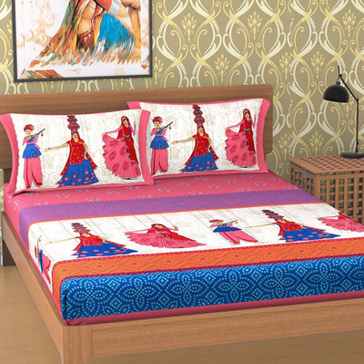E-Wish Box 144 TC Cotton Double Printed Fitted & Flat Bedsheet(Pack of 1, Pink)