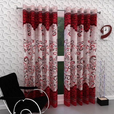 Panipat Textile Hub 214 cm (7 ft) Polyester Semi Transparent Window & Door Curtain (Pack Of 2)(Printed, Red)