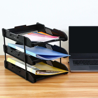nabhu 3 Compartments Plastic Foldable Desktop File Rack 3 Tiers(Black)