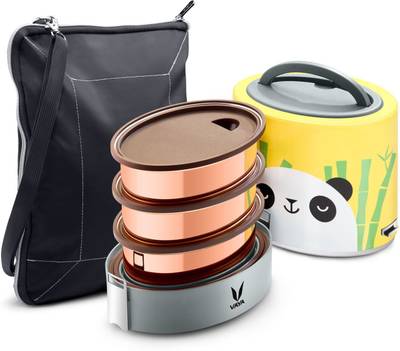 Vaya Tyffyn 1000 ml Panda Copper-Finished Stainless Steel Tiffin Box with BagMat (One 400 ml + Two 300 ml Containers) - 3 Containers Lunch Box