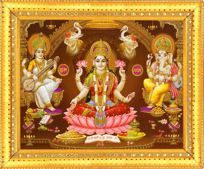 BCOMFORT Goddess Ma Lakshmi Ma Saraswati Lord Shri Ganesh golden and silver zari work Religious Frame
