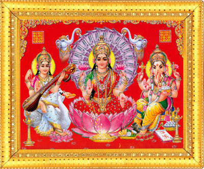 BCOMFORT Goddess Ma Lakshmi Ma Saraswati Lord Shri Ganesh for increasing money and prosperity in home and shop golden and silver zari work Religious Frame