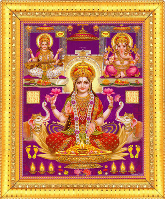 BCOMFORT Goddess Ma Lakshmi Ma Saraswati Lord Shri Ganesh for increasing money and prosperity in home and shop golden and silver zari work Religious Frame
