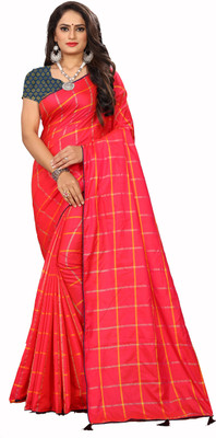 prabhas Checkered Kanjivaram Cotton Silk Saree(Red)