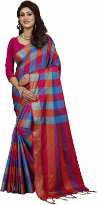 prabhas Self Design, Checkered Bollywood Cotton Silk Saree(Blue)