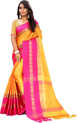 divyapriya Color Block Bollywood Cotton Silk Saree(Pink, Yellow)