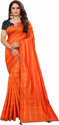 prabhas Checkered Kanjivaram Cotton Silk Saree(Orange)