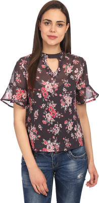 ALOM Casual Bell Sleeve Printed Women Black Top