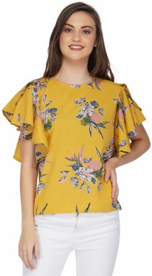 POPWINGS Casual Flared Sleeve Printed Women Yellow Top