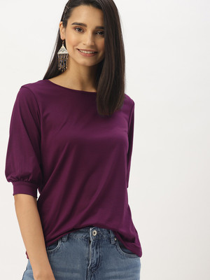 Dressberry Casual Bishop Sleeve Solid Women Purple Top
