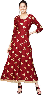 IVES Women Printed A-line Kurta(Maroon)