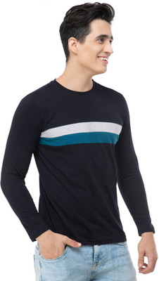 SLOWLORIS Striped Men Round Neck Dark Blue, Blue, Grey T-Shirt