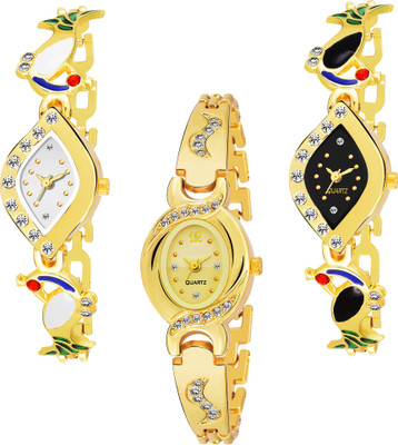 QUEBEC Combo Pack 3 Attractive Designer Multicolor Dial Golden Chain Belt Bracelate Watch For Women & Girls Pq-20 Analog Watch - For Girls