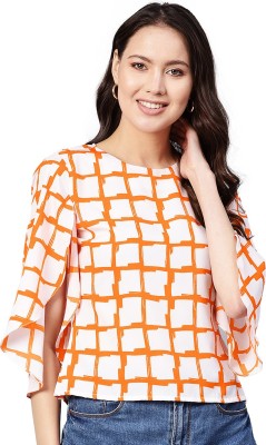 IVES Casual Flared Sleeve Printed Women Orange Top