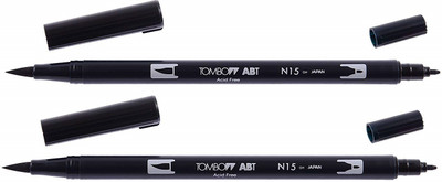 Tombow Dual Brush & Fine Tip Water Based Pen ABT-N15 Calligraphy(Pack of 2, Ink Color - Black)
