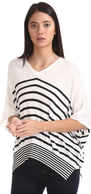 U.S. POLO ASSN. Casual Kaftan Sleeve Striped Women White Top
