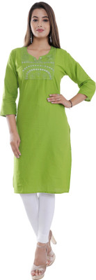 Chichi Women Dyed/Ombre, Embroidered, Solid Straight Kurta(Green)