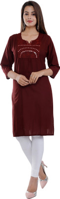 Chichi Women Dyed/Ombre, Embroidered, Solid Straight Kurta(Maroon)