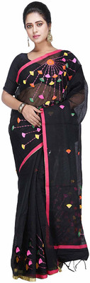 AAHELEE Printed Handloom Handloom Cotton Linen Saree(Black)