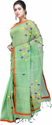 BRISHTI CREATIONS Embroidered Handloom Cotton Linen Saree(Green)